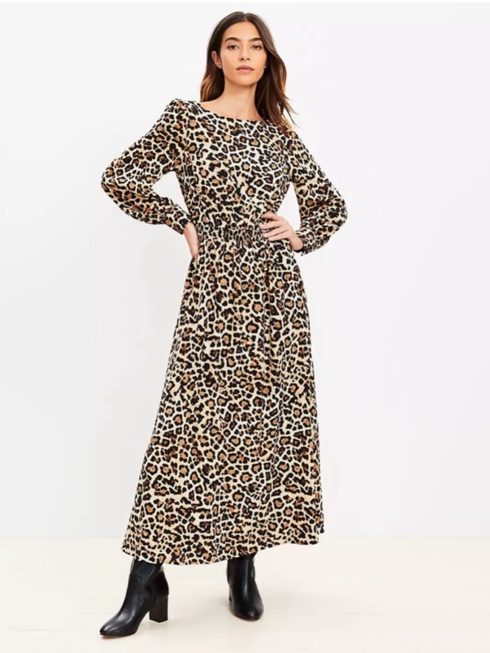 Loft Leopard Print Maxi Smocked Waist Long Sleeve Dress Size MT Medium Tall